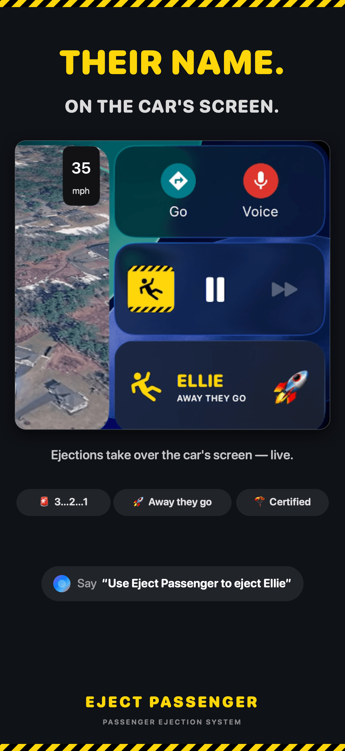 Eject Passenger — their name, on the car's screen: the ejection takes over the dashboard display